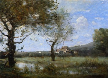 two boys singing Painting - Meadow with Two Large Trees Jean Baptiste Camille Corot brook